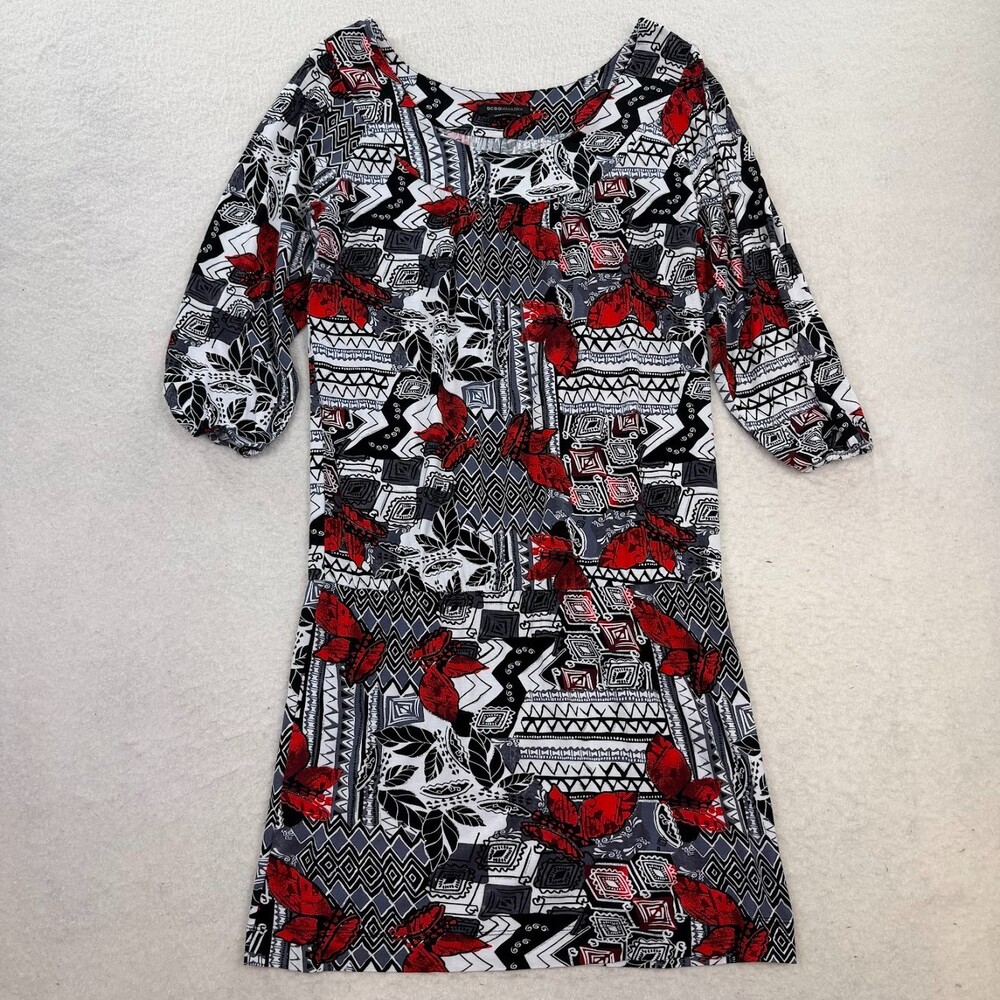 BCBGMAXAZRIA Women's Red Black Abstract Floral Geometric 3/4 Sleeve Sheath Sz M